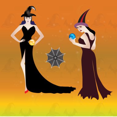 Cadılar Bayramı gecesi iki seksi cadı holding sihirli cam onların