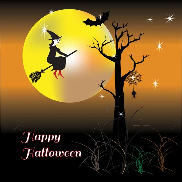 Happy Halloween night wiht happy witch — Stock Vector