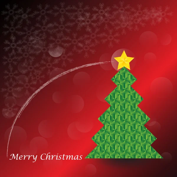 Árbol de Navidad blanco estrella dorada y copo de nieve blanco en desenfoque rojo — Vector de stock