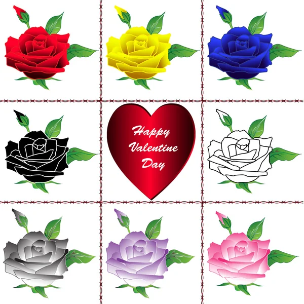 Rosas de San Valentín y corazón de San Valentín — Vector de stock