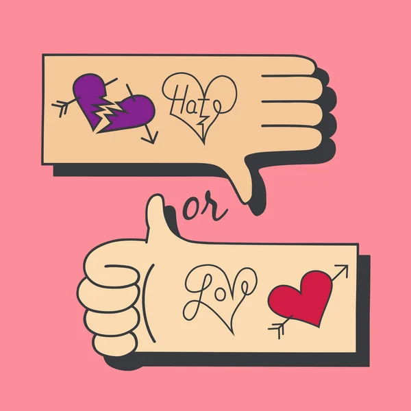 Hands making love and hate symbol — Stock Vector