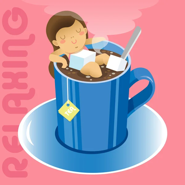 Chica en taza azul de té caliente — Vector de stock