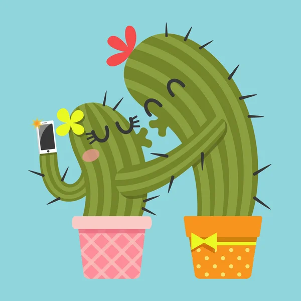 Kissing couple of cactus taking selfie — Stock Vector