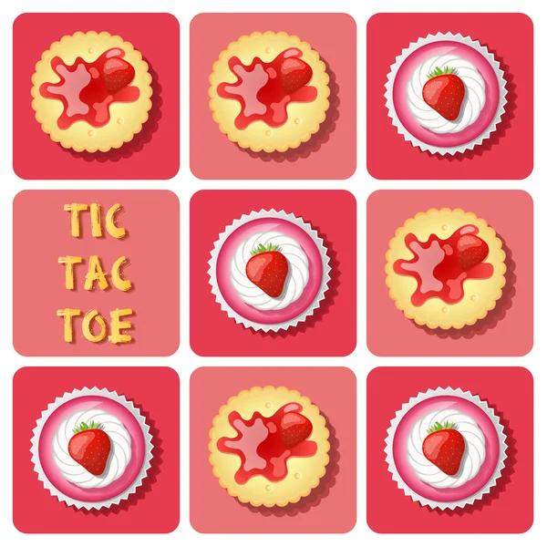 Tic-Tac-Toe of strawberry cup cake cake and cracker — стоковый вектор