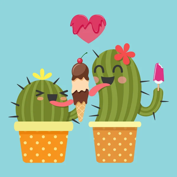 Loving couple of cactus with ice cream — Stock Vector