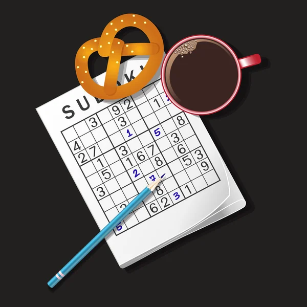 Illustrazione del gioco Sudoku, tazza di caffè e pretzel — Vettoriale Stock