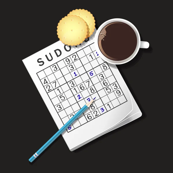 Illustration of Sudoku game, mug of coffee and cracker — Stock Vector