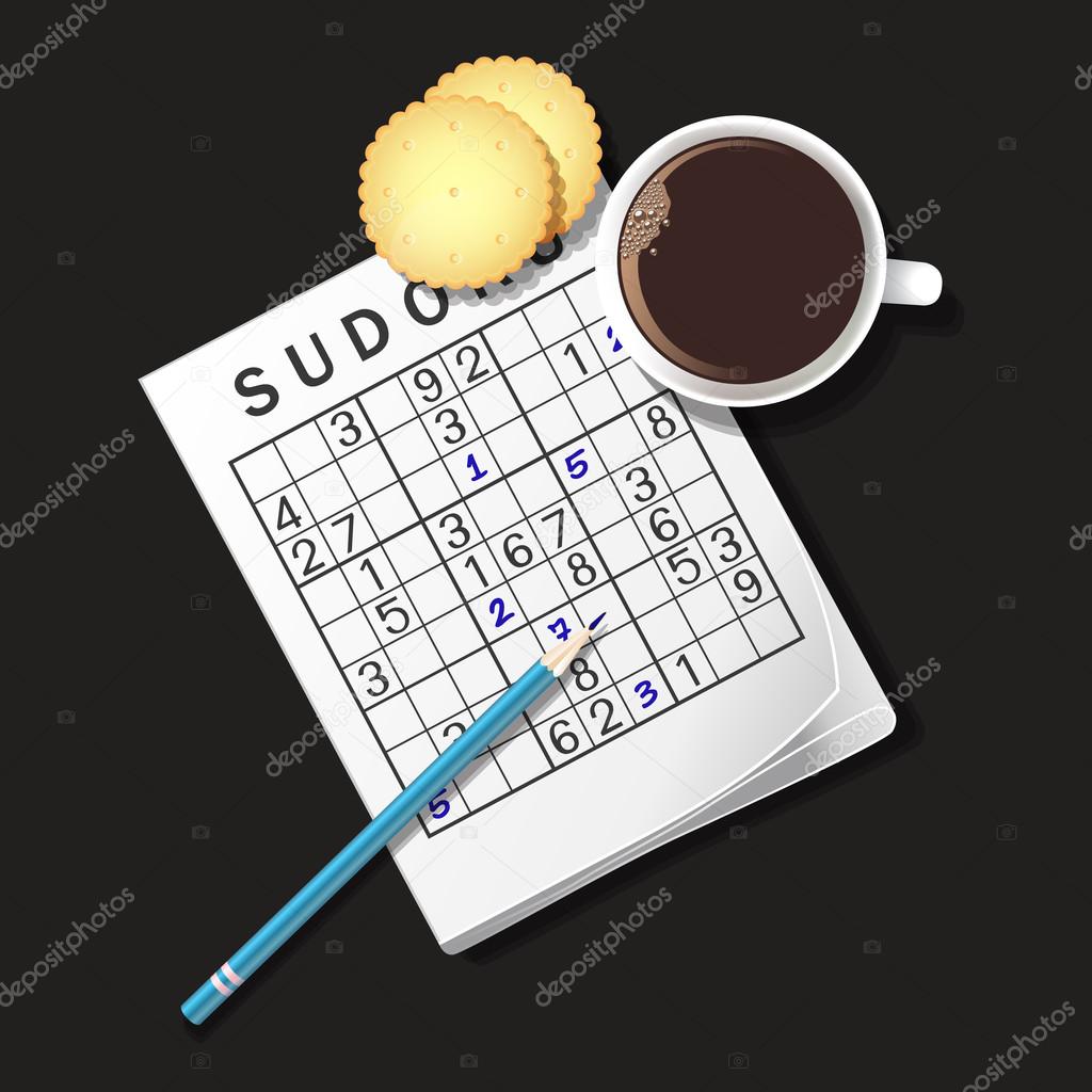 Illustration of Sudoku game, mug of coffee and cracker