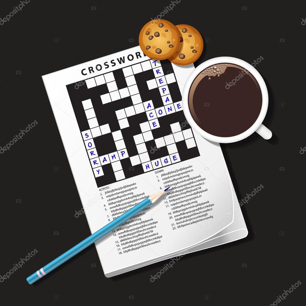 Illustration of crossword game, mug of coffee and cookie