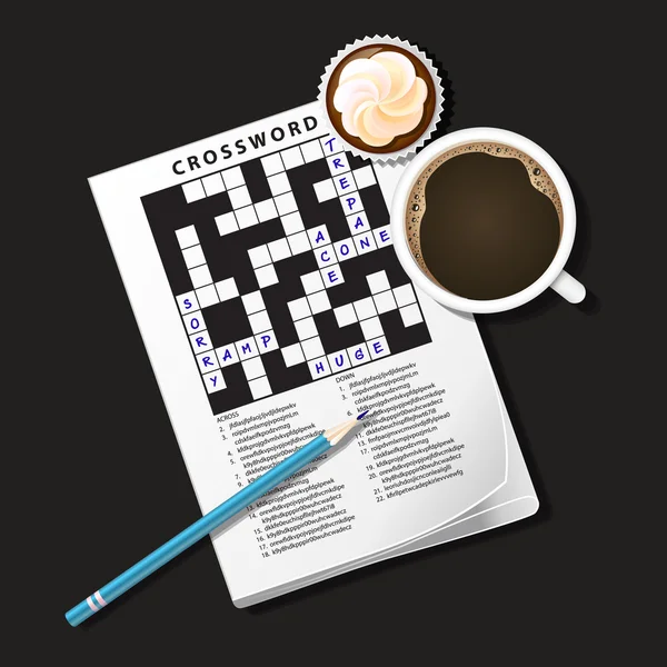 Ilustración de juego de crucigramas, taza de café y pastel de taza — Vector de stock