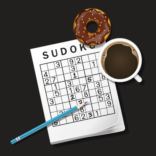 Ilustración de juego Sudoku, taza de café y donut de chocolate — Vector de stock