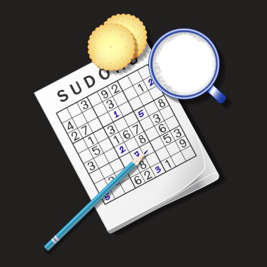 Sudoku oyunu, bir fincan süt ve kraker çizimi