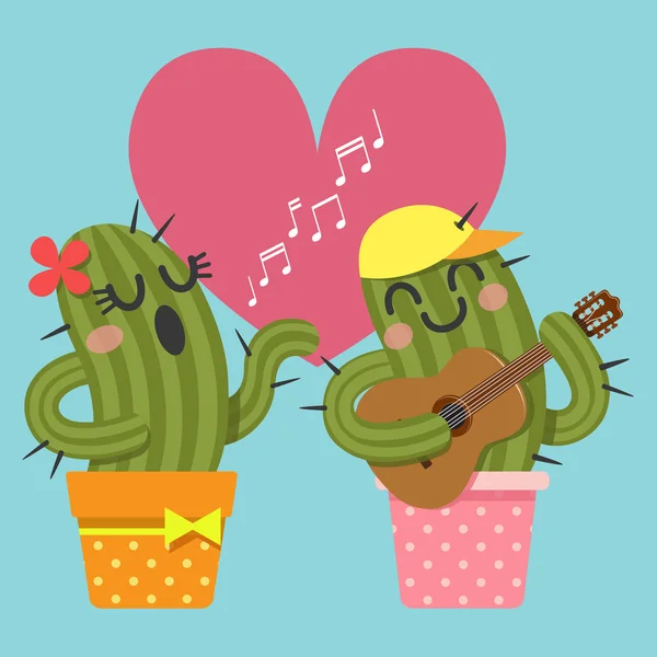 Loving couple of cactus singing and playing guitar — Stock Vector