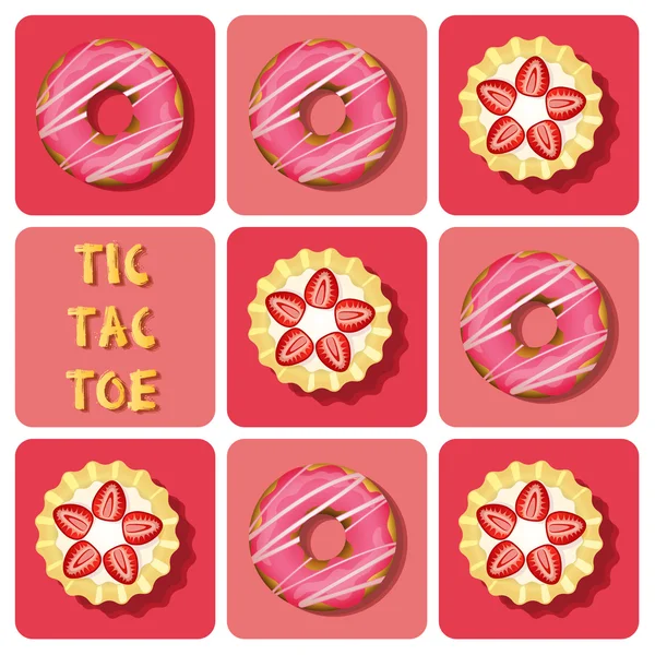 Tic-Tac-Toe of strawberry tart and donut — Stock Vector