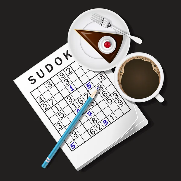 Illustration du jeu Sudoku, tasse de café et gâteau au chocolat — Image vectorielle