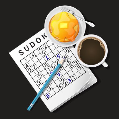 Sudoku oyunu, bir fincan kahve ve pancake çizimi