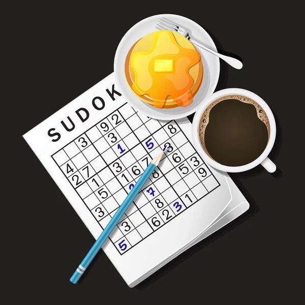 Ilustrace hra Sudoku, hrnek na kávu a palačinku — Stockový vektor