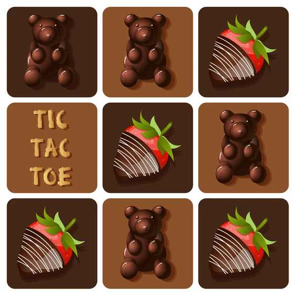 井字游戏的巧克力覆盖的草莓和果冻软糖 — 图库矢量图片
