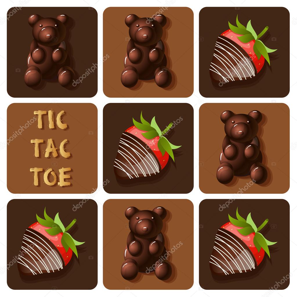 Tic-Tac-Toe of chocolate covered strawberry and jelly gummy