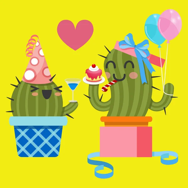 Verliefde paar van cactus op verjaardagsfeestje — Stockvector