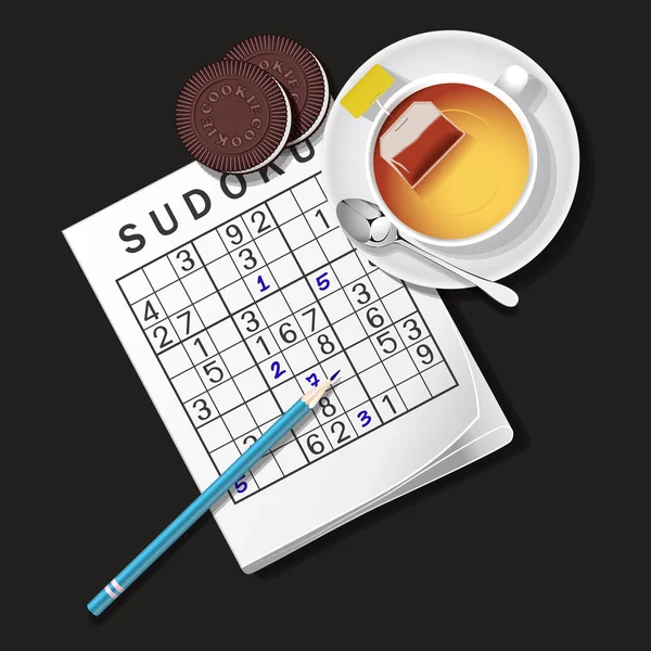 Illustrazione del gioco Sudoku, tazza di tè e biscotti — Vettoriale Stock