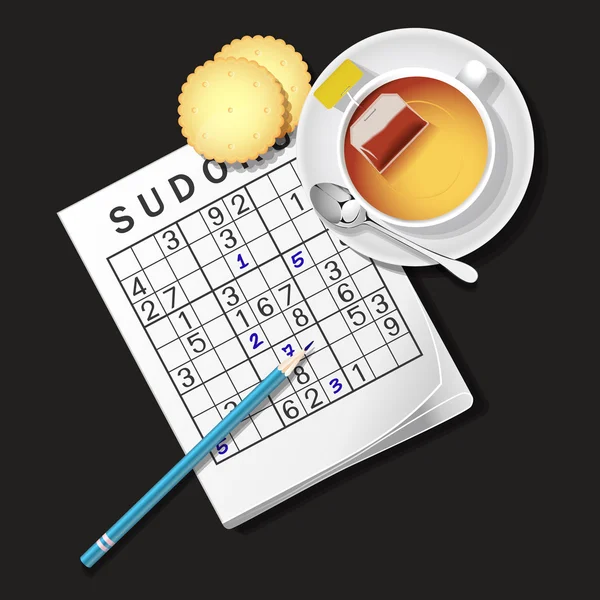 Ilustrace hra Sudoku, hrnek čaje a cracker — Stockový vektor