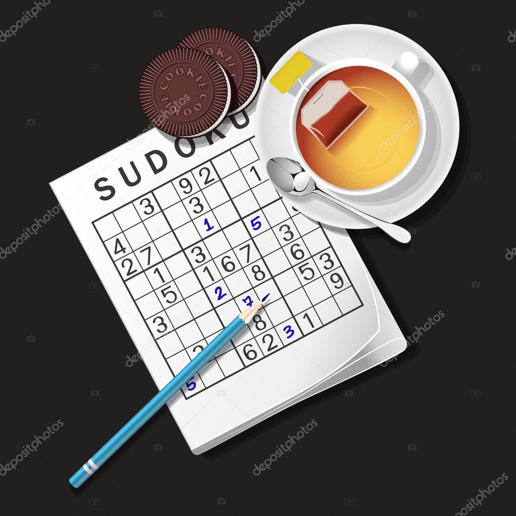 Illustration of Sudoku game, mug of tea and cookies