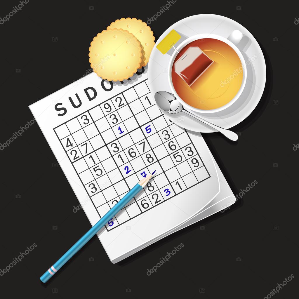 Illustration of Sudoku game, mug of tea and cracker