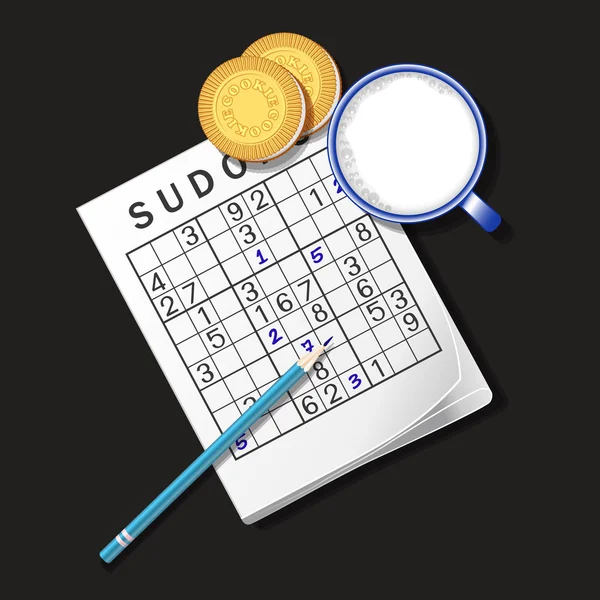 Ilustración de Sudoku juego, taza de leche y galletas — Archivo Imágenes Vectoriales