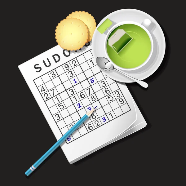 Illustration av Sudokuspel, mugg av grönt te och kex — Stock vektor