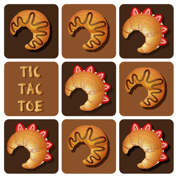 Tic-Tac-Toe de morango e croissant de chocolate —  Vetores de Stock