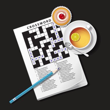 Illustration of crossword game, mug of tea and cup cake clipart