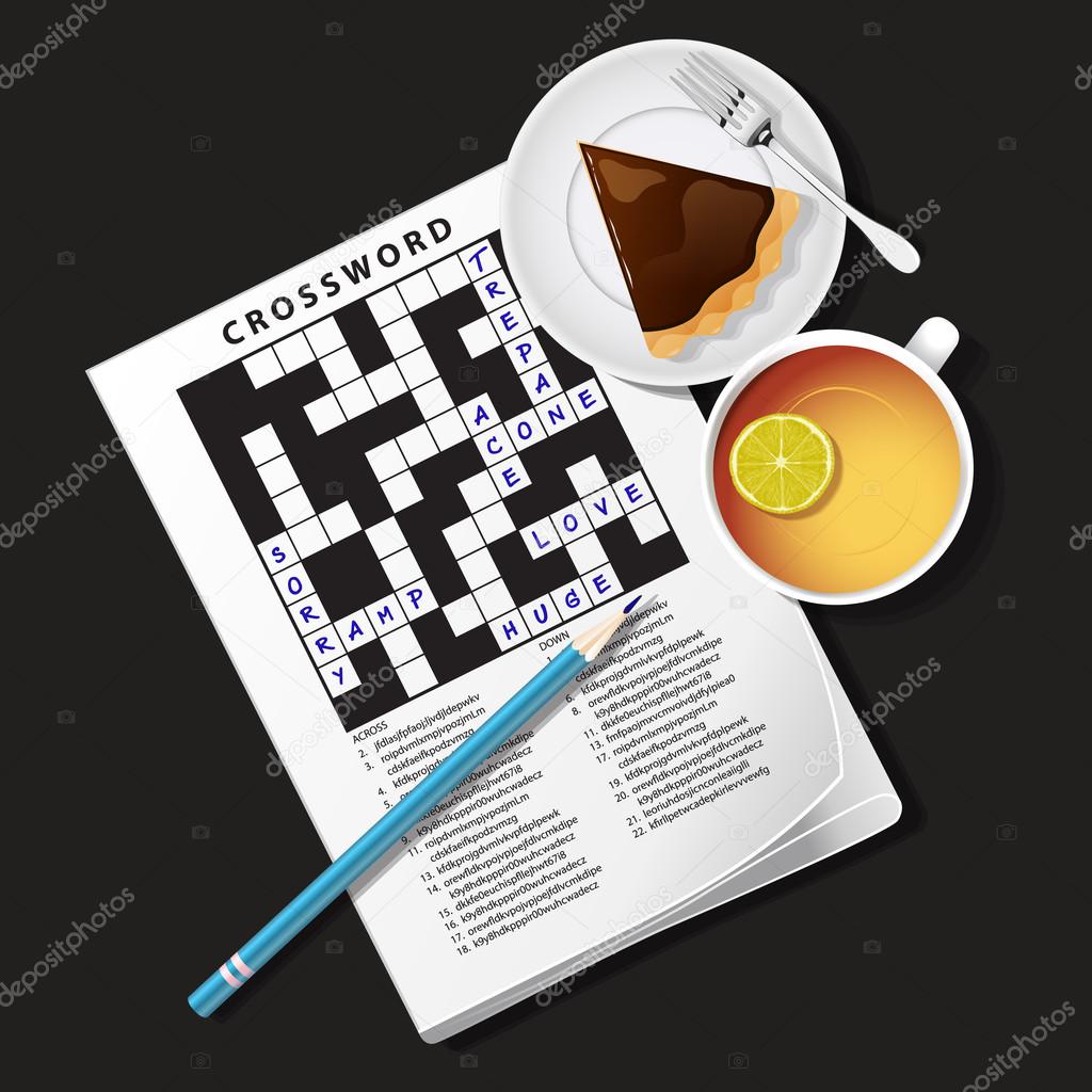 Illustration of crossword game, mug of tea and pie