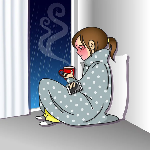 悲しい少女の携帯電話とコーヒー カップ — ストックベクタ