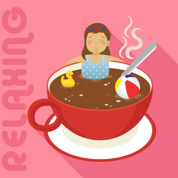 Wanita dalam cangkir kopi panas merah - Stok Vektor
