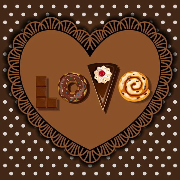 Productos para hornear y postre en forma de palabra de amor — Vector de stock