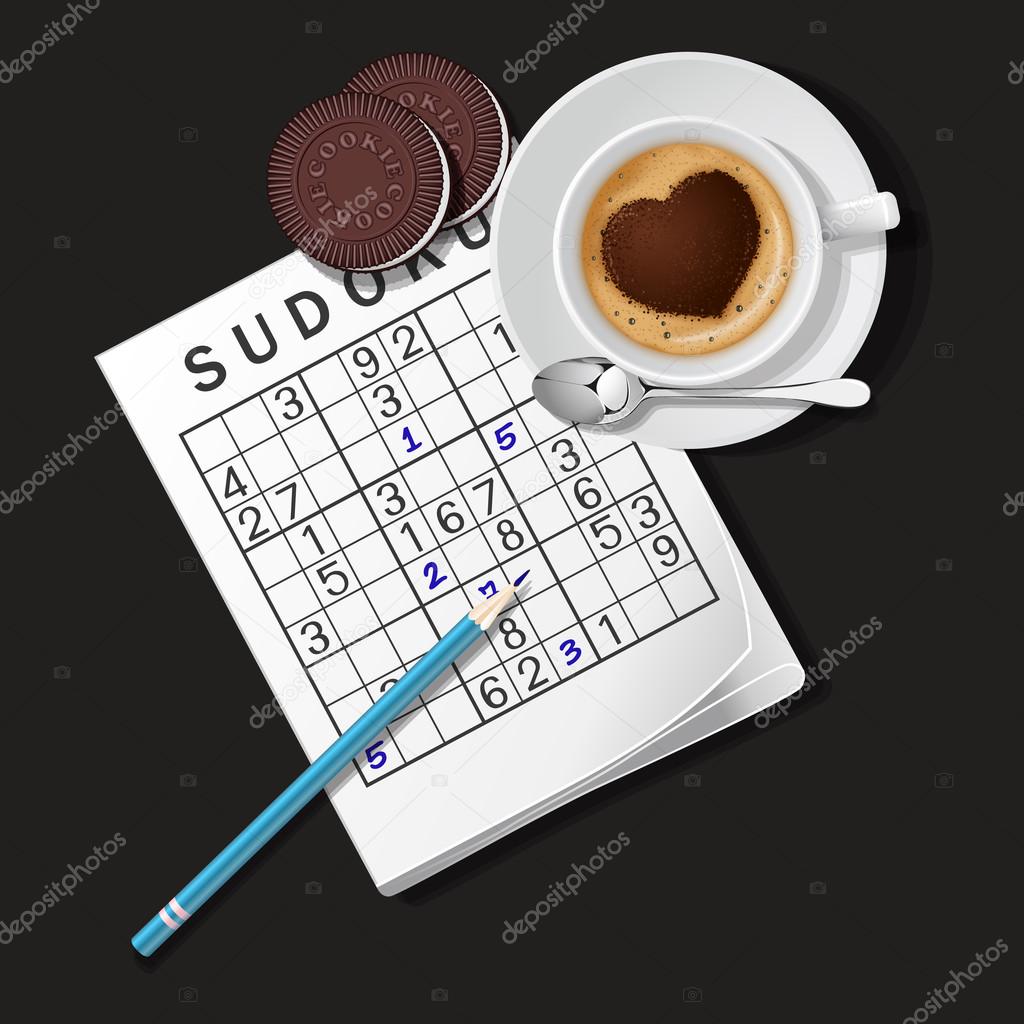 illustration of Sudoku game, mug of coffee and cookies