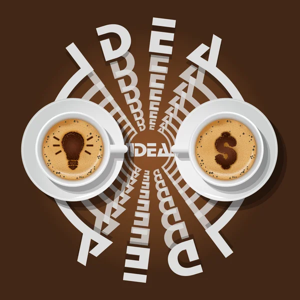 Deux tasses d'ampoule et signe dollar au cappuccino — Image vectorielle