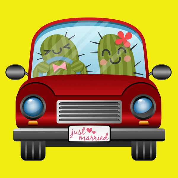 Un par de cactus casados en coche rojo — Vector de stock