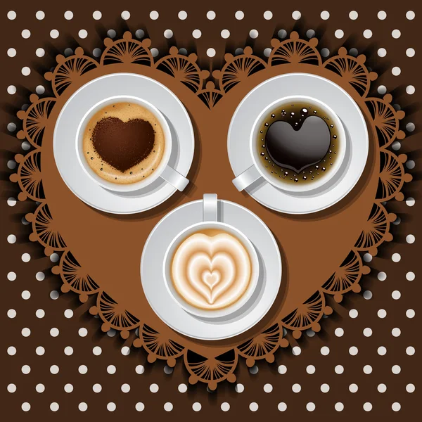 3 tazze di cuore nel caffè — Vettoriale Stock