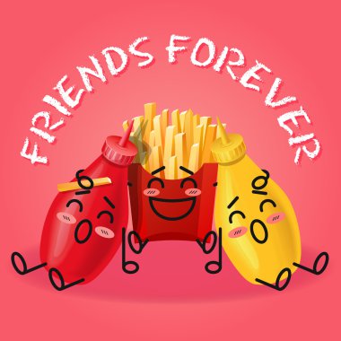 fried potatoes and ketchup and mustard cartoon