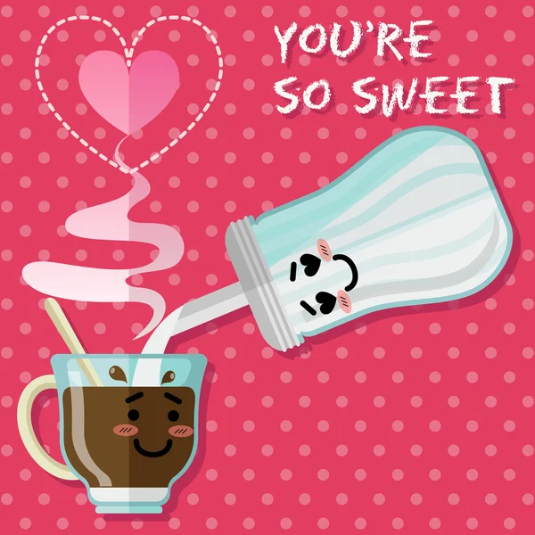コーヒーや紅茶のカップと砂糖のボウルのカップルを愛してください。 — ストックベクタ