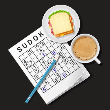 Sudoku oyunu gösterimi ile fincan kahve ve sandviç