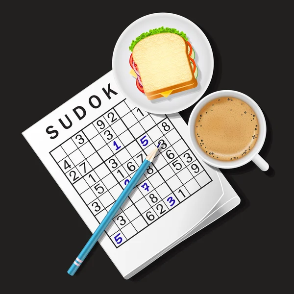 Sudoku oyunu gösterimi ile fincan kahve ve sandviç — Stok Vektör