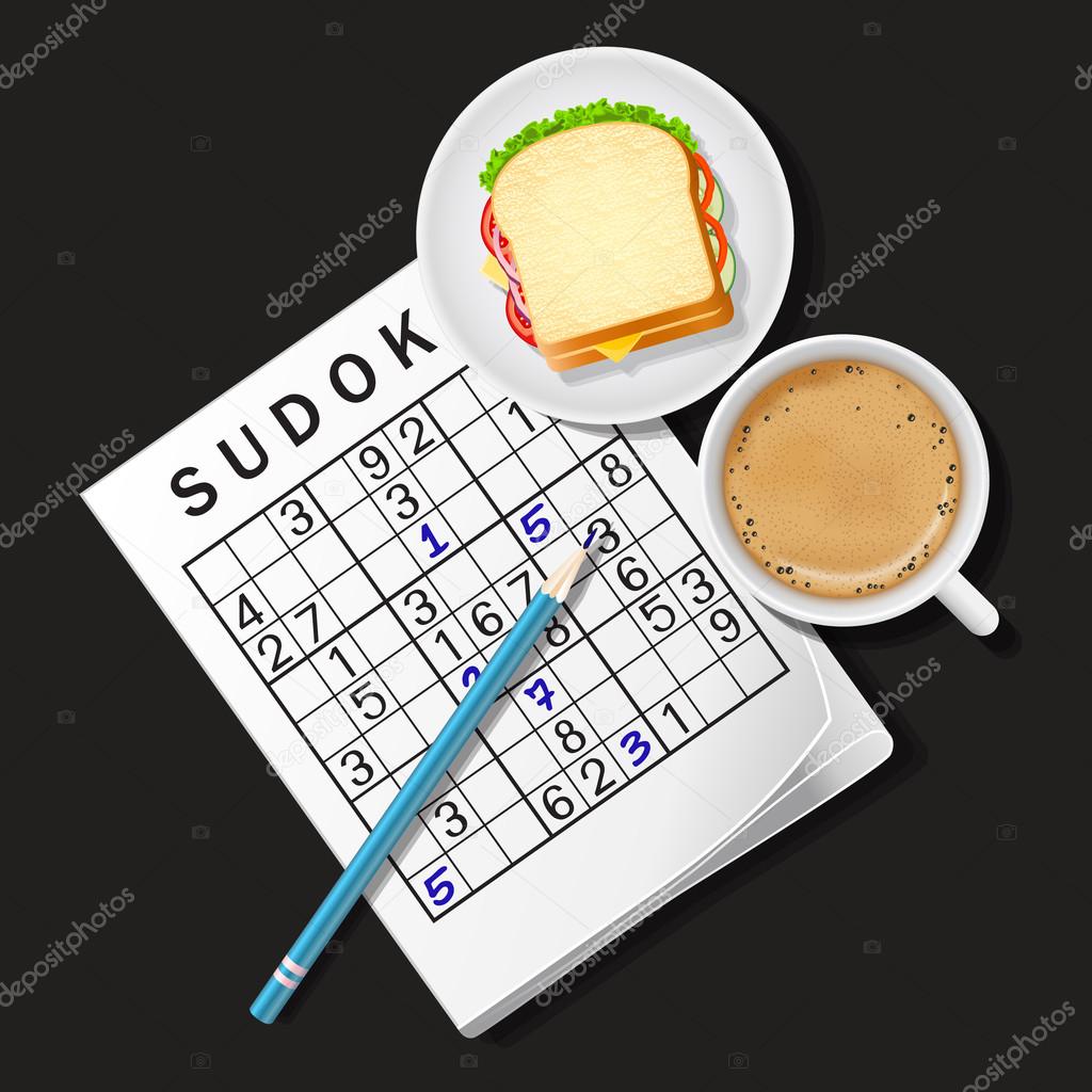 Illustration of Sudoku game with cup of coffee and sandwich