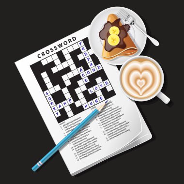crossword game with mug of coffee and crepe clipart