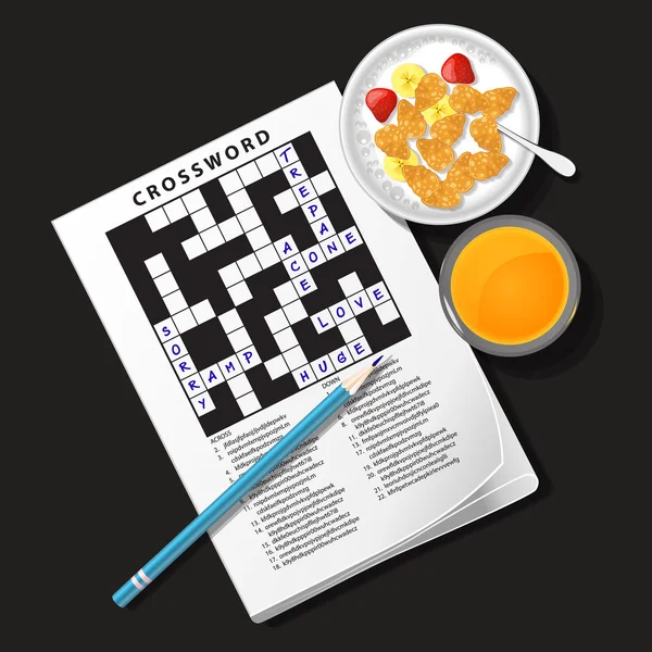 Ilustración del juego del crucigrama con el tazón del cereal y el jugo de naranja — Vector de stock