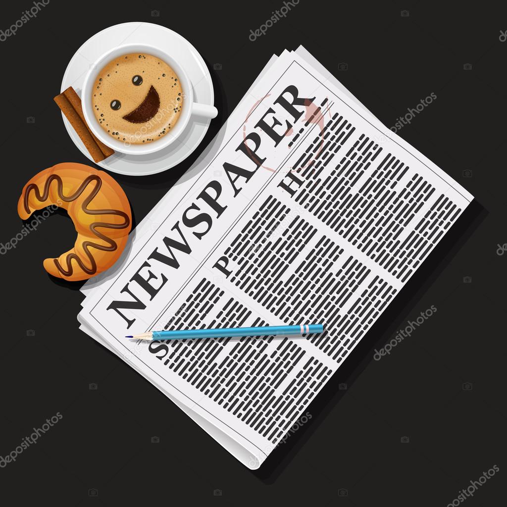 illustration of newspaper with cappuccino cup and croissant