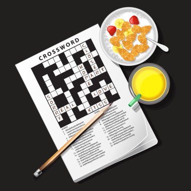 illustration of crossword game with cereal bowl and pineapple ju clipart