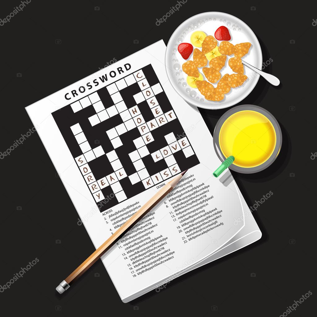 illustration of crossword game with cereal bowl and pineapple ju